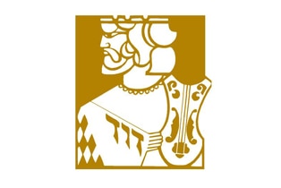 a gold logo of a man holding a musical instrument