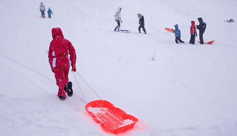 ילדים גולשים על השלג בפארק טינרטול, בוקרשט
